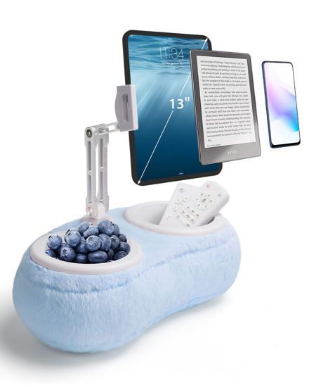 Picture of SHUWEI Pillow Stand Holder for Kindle Tablet iPad with Two Snack Bowl, Tablet Stand Pillow for Reading in Bed for 4.7"-13" Kindle, Tablet, iPad, iPhone