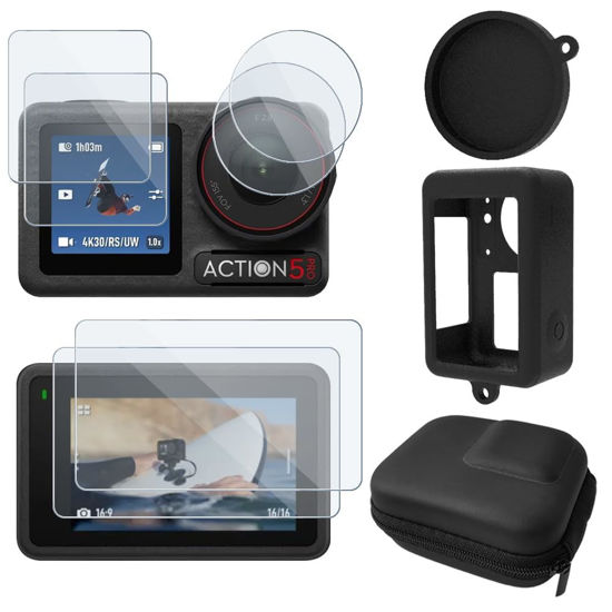 Picture of Screen Protector Compatible for DJI Osmo Action 5 Pro Camera,Tempered Glass Film Full Coverage with Silicone Cover Sleeve and Hard Shell Travel Storage Carrying Case