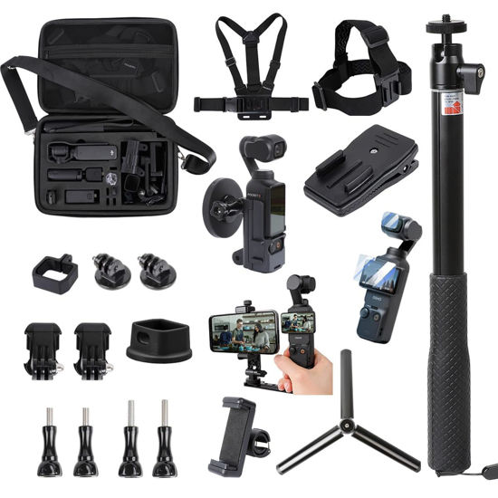 Picture of PellKing 21 in 1 Accessories Kit for OSMO Pocket 3,Including Hard Shell case,Mangetic Mount,Desktop Base Mount,Selfie Stick,Tripod,Chest Mount,Mobile Phone Holder,Screen Protector,Backpack Clip