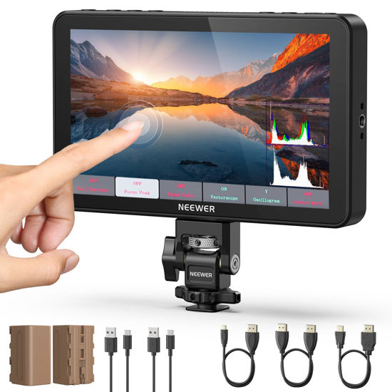 Picture of NEEWER F700 7" Camera Field Monitor, 2000nit HD 1920x1080 IPS Touch Screen with 3D LUT, 4K HDMI Loop in/Out with Peak Focus DSLR Video Assist HDR Waveform, Cold Shoe Mount, 2 NP-F750 Batteries & Cable