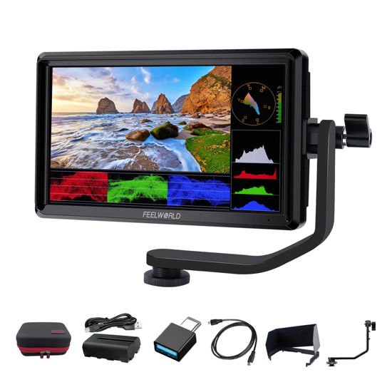 Picture of FEELWORLD S55 V3 6 Inch DSLR Camera Field Monitor Bundle - FHD IPS Screen, 4K HDMI in/Out, Tilt Arm, Power Output, Battery & Carry Case Included