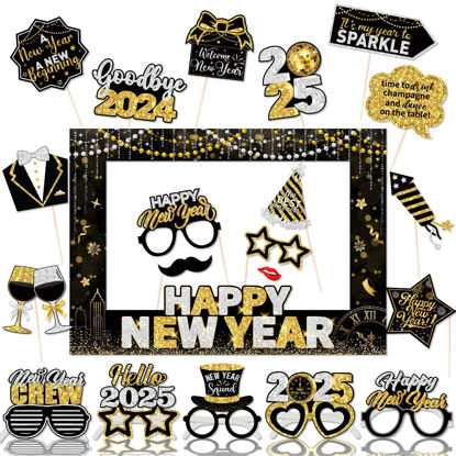 Picture of 2025 New Years Photo Booth Props,New Years Eve Party Supplies 2025 Black Gold New Year Photo Booth Props with Photo Frame for New Years Eve Party Decorations