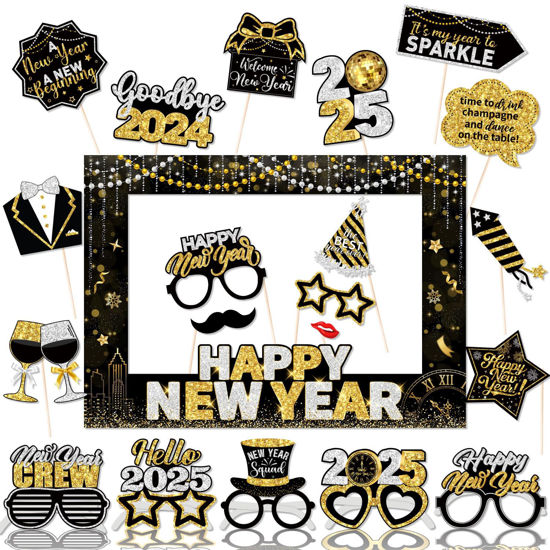 Picture of 2025 New Years Photo Booth Props,New Years Eve Party Supplies 2025 Black Gold New Year Photo Booth Props with Photo Frame for New Years Eve Party Decorations