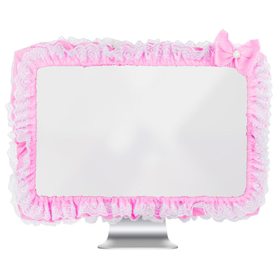 Picture of Kingshion 23"-27" Lovely Cute Computer Monitor Cover with Lovely Cute Elastic Pen Pocket Bow-knot TV LCD Screen Monitor Decoration Dust Cover Protector, Lace Fabric, Pink