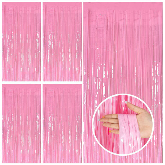 Picture of 5 Pack Party Backdrop Decorations Pink Tinsel Curtain Party Backdrop Foil Fringe Birthday Decorations Photo Booth Streamer Backdrop Pink Theme Bachelorette Graduation Party Decorations