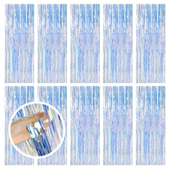 Picture of 10 Pack Iridescent Party Backdrop Decorations Tinsel Curtain Birthday Decorations Foil Fringe Photo Booth Streamer Backdrop Iridescent Theme Christmas Bachelorette Graduation Party Decorations