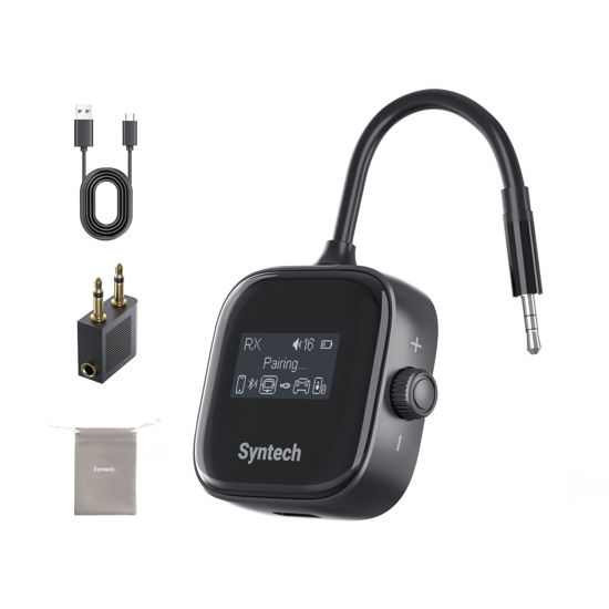 Picture of Syntech Airplane Bluetooth Transmitter Receiver for 2 AirPods or Wireless Headphones, HD Display Low Latency 3.5mm AUX Jack Bluetooth 5.3 Audio Adapter for TV, Flying, Car, Gym, Home Stereo