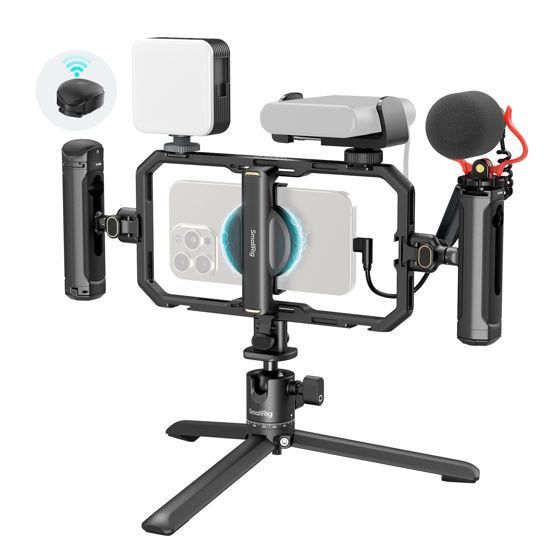 Picture of SmallRig All-in-One Universal Quick Release Phone Video Rig Kit Pro, Phone Stabilizer Rig Kit with LED Light Microphone QR Tripod Dual Handles Power Bank Holder, for Vlogging & Live Streaming - 4704