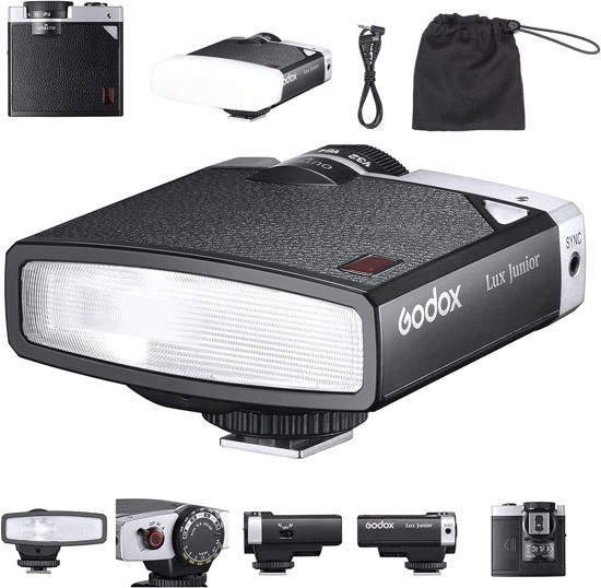 Picture of Godox Lux Junior Retro Camera Flash with Diffuser, Speedlite GN12 6000K±200K CCT, Automatic and Manual Modes 1/1-1/64 Flash Power, 28mm Focal Length for Canon Nikon Sony Fuji Olympus Hot Shoe Cameras
