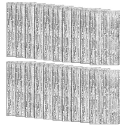 Picture of 20 Pack Foil Curtain Backdrop Silver Metallic Tinsel Foil Fringe Curtains Photo Booth Props for Birthday Wedding Engagement Baby Shower Bachelorette Christmas Holiday Celebration Party Decorations