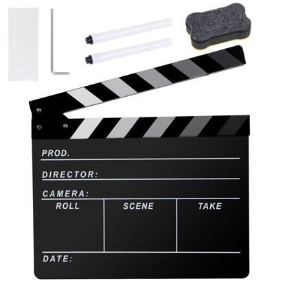 Picture of Ribvane Film Directors Clapboard, Move Slate Photography Video TV Cut Action Scene Acrylic Clapper Board Props with a Magnetic Blackboard Eraser, Two Custom Pens, Cleaning Cloth and Hex Wrench (Black)