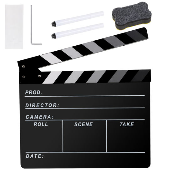 Picture of Ribvane Film Directors Clapboard, Move Slate Photography Video TV Cut Action Scene Acrylic Clapper Board Props with a Magnetic Blackboard Eraser, Two Custom Pens, Cleaning Cloth and Hex Wrench (Black)