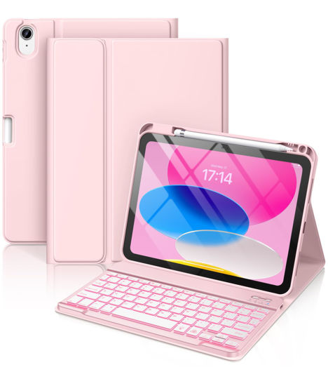 Picture of Hamile for iPad 10th Generation Case with Keyboard 10.9 Inch - 7 Colors Backlit Detachable Folio Wireless Keyboard Cover with Pencil Holder for New iPad 10th Gen 2022 (Light Pink)