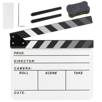 Picture of Ribvane Film Directors Clapboard, Move Slate Photography Video TV Cut Action Scene Acrylic Clapper Board Props with a Magnetic Blackboard Eraser, Two Custom Pens, Cleaning Cloth and Hex Wrench (White)