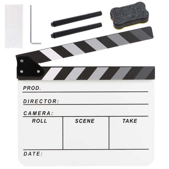 Picture of Ribvane Film Directors Clapboard, Move Slate Photography Video TV Cut Action Scene Acrylic Clapper Board Props with a Magnetic Blackboard Eraser, Two Custom Pens, Cleaning Cloth and Hex Wrench (White)