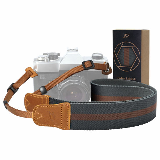 Picture of Padwa Lifestyle Green Brown Stripes Camera Strap - Double Layer Crazy Horse Cowhide End,1.5" Wide Pure Cotton Camera Straps,Adjustable Neck Shoulder Strap for All DSLR Cameras,Gift for Photographers