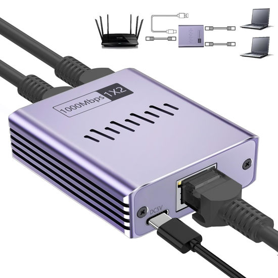 Picture of Ethernet Splitter 1 to 2 1000Mbps, Internet Splitter High Speed RJ45 Port LAN Splitter for Cat 5/5e/6/7/8 Cable, Ethernet Router Switch for PC/Laptop/TV (2 Devices Networked Simultaneously)