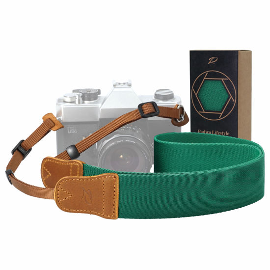 Picture of Padwa Lifestyle Green Camera Strap - Double Layer Crazy Horse Cowhide End,1.5" Wide Pure Cotton Woven Camera Straps,Adjustable Neck Shoulder Strap for All DSLR Cameras,Gift for Photographers