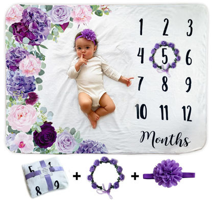 Picture of Baby Monthly Milestone Blanket | Includes Floral Wreath & Headband | 1 to 12 Months | Extra Soft Fleece | Best Photography Backdrop Photo Prop for Newborn | Baby Girl