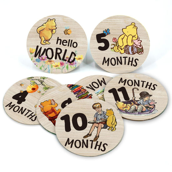 Picture of The Pooh Baby Bear Month Milestone Circles, Wooden Discs Stuff for Baby Photo Takens with Hello World Name Signs - 7Pcs Double Sided Signs for Documenting Growth