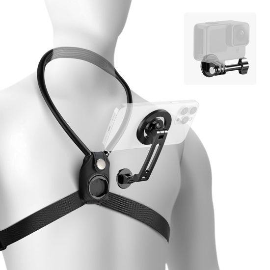 Picture of Neewer Magnetic Neck Holder for Action Camera & Phone, Hands Free Neck Mount with Chest Strap Compatible with GoPro DJI Insta360 iPhone, Neck Phone Holder for Recording POV Video Vlog, GP26
