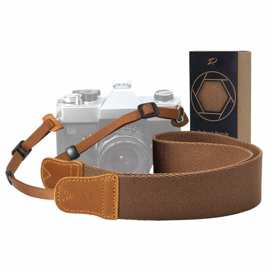 Picture of Padwa Lifestyle Brown Camera Strap - Double Layer Crazy Horse Cowhide End,1.5" Wide Pure Cotton Woven Camera Straps,Adjustable Neck Shoulder Strap for All DSLR Cameras,Gift for Photographers