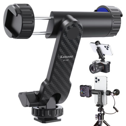 Picture of Kaitezenz Cell Phone Tripod Mount, Universal Tripod Phone Mount with 2 Cold Shoes, 360° Rotates 180° Tilts Camera Hot Shoe Phone Mount Smartphone Tripod Holder Adapter for iPhone Samsung All Phone