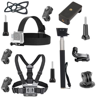 Picture of 4 in 1 Universal Action Camera Accessories Kit Head Strap Mount/Chest Harness/Selfie Stick/Phone Holder Compatible with Gopro Hero 12 11 10 9 8/Insta360 One Camera/Mobile Phones