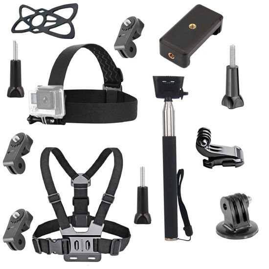 Picture of 4 in 1 Universal Action Camera Accessories Kit Head Strap Mount/Chest Harness/Selfie Stick/Phone Holder Compatible with Gopro Hero 12 11 10 9 8/Insta360 One Camera/Mobile Phones
