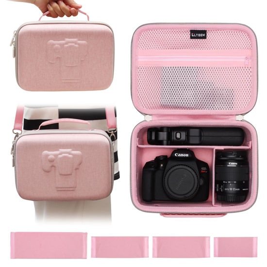 Picture of Camera Case Compatible with Canon EOS Rebel T7 / R100 / R50 / R5 / R6 Mark II / R7 / R8 / 90D / 5D Mark IV, Sony, Nikon DSLR Camera, Lens, Tripod, with 4 Pieces of Dividers and Shoulder Strap, Pink