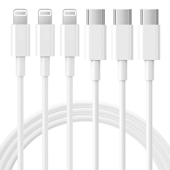 Picture of RCTech USB C to Lightning Cable 3Pack 6FT [MFi Certified] iPhone Fast Charger Cable USB-C Power Delivery Charging Cord for iPhone 14/13/12/11/XS/XR/X/8/iPad, White