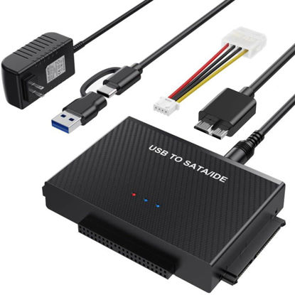 Picture of Hard Drive Reader USB 3.0 to SATA IDE Adapter，IDE SATA to USB + Type C External Hard Drive Adapter Data Recovery Converter Kit for Universal 2.5 3.5 HDD SSD Hard Drive Disk, with 12V/2A Power Adapter