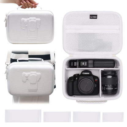 Picture of Camera Case Compatible with Canon EOS Rebel T7 / R100 / R50 / R5 / R6 Mark II / R7 / R8 / 90D / 5D Mark IV, Sony, Nikon DSLR Camera, Lens, Tripod, with 4 Pieces of Dividers and Shoulder Strap, White