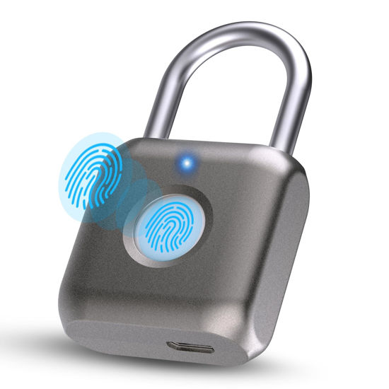 Picture of Pothunder Fingerprint Smart Padlock Lock, Biometric Metal Keyless Thumbprint Lock, Waterproof, USB Rechargeable, for Gym Locker, School Locker, Luggage, Backpack, Suitcase(Gray)