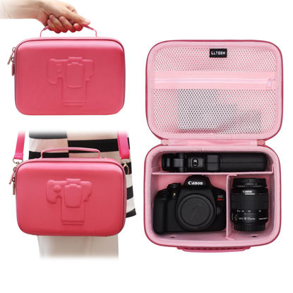Picture of Camera Case Compatible with Canon EOS Rebel T7 / R100 / R50 / R5 / R6 Mark II / R7 / R8 / 90D / 5D Mark IV, Sony, DSLR Camera, Lens, Tripod, with 4 Pieces of Dividers and Shoulder Strap, Magenta+Pink