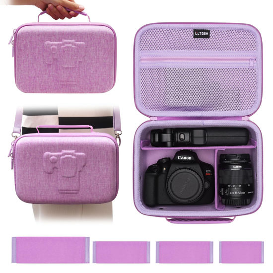 Picture of Camera Case Compatible with Canon EOS Rebel T7 / R100 / R50 / R5 / R6 Mark II / R7 / R8 / 90D / 5D Mark IV, Sony, Nikon DSLR Camera, Lens, Tripod, with 4 Pieces of Dividers and Shoulder Strap, Purple