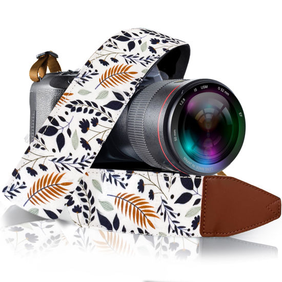 Picture of Camera Strap for DSLR and Mirrorless Camera , Shoulder Neck and Crossbody Strap with Soft Padded Webbing, Cotton Pattern for Men & Women, Best Gift for Photographers, White Leaves Classic Design