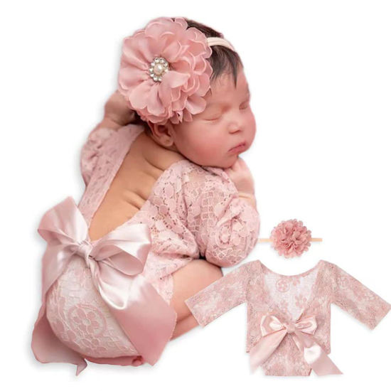 Picture of ForBaysy Infant Newborn Photography Props Girl Outfit Lace Romper with Cute Flower Headband Newborn Dress Posing Props