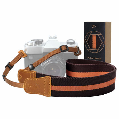 Picture of Padwa Lifestyle Brown Yellow Stripes Camera Strap - Double Layer Crazy Horse Cowhide End,1.5" Wide Pure Cotton Camera Straps,Adjustable Neck Shoulder Strap for All DSLR Cameras,Gift for Photographers