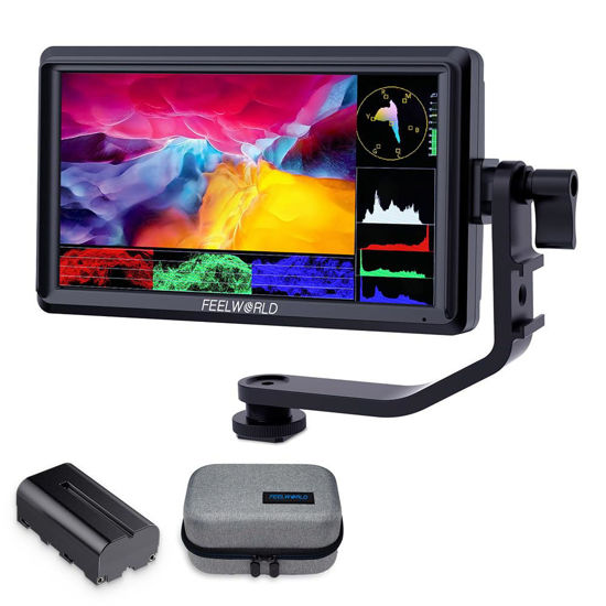 Picture of FEELWORLD S55 V3 6 inch Camera DSLR Field Monitor with F550 Battry 2200mAh and Case, Small Full HD 1920x1080 IPS LUT Video Peaking Focus Assist with 4K HDMI 8.4V DC Input Output Include Tilt Arm
