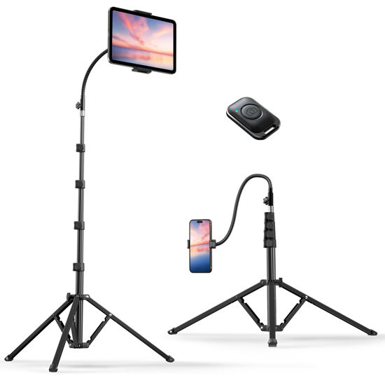 Picture of Weilisi Heavy Duty Tablet Tripod Stand 82” Tall, Floor Stand with Remote and Adjustable Gooseneck for Watching/Stream/Recording, Tripod for iPad Pro 12.9”/Kindle/iPhone, and All 4.5-13” Tablet/Phone