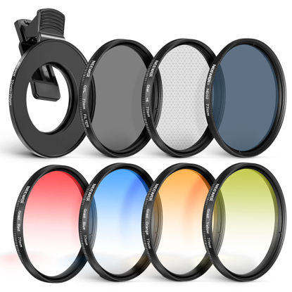 Picture of NEEWER 77 mm ND+CPL + Effect Filter Set with Mobile Phone Lens Clamp, Polarising Filter ND32, 6 Point Star Filter, 4 Graduated Colour Filters, Compatible with iPhone 15 14 Pro Max 14 13 12 11
