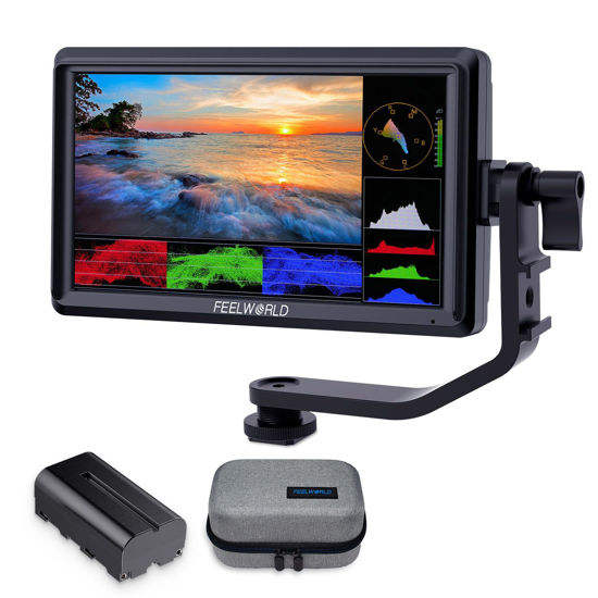 Picture of FEELWORLD FW568 V3 6 inch DSLR Camera Field Monitor with F550 Battery 2200mAh and Carry Bag, Waveform LUTs Video Peaking Focus Assist 1920x1080 IPS 4K HDMI 8.4V DC Input Output