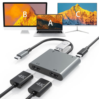 Picture of USB C to Dual HDMI Adapter, Fophmo 4K@60Hz with 100W PD, USB-A, Support C to 2 HD Splitter Extended Display for Type C Devices (MST is not Supported on MacOS)