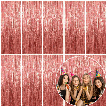 Picture of 10 Pack Foil Curtain Backdrop Rose Gold Metallic Tinsel Foil Fringe Curtains Photo Booth Props for Birthday Wedding Engagement Baby Shower Bachelorette Christmas Holiday Celebration Party Decorations