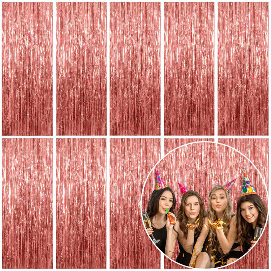 Picture of 10 Pack Foil Curtain Backdrop Rose Gold Metallic Tinsel Foil Fringe Curtains Photo Booth Props for Birthday Wedding Engagement Baby Shower Bachelorette Christmas Holiday Celebration Party Decorations