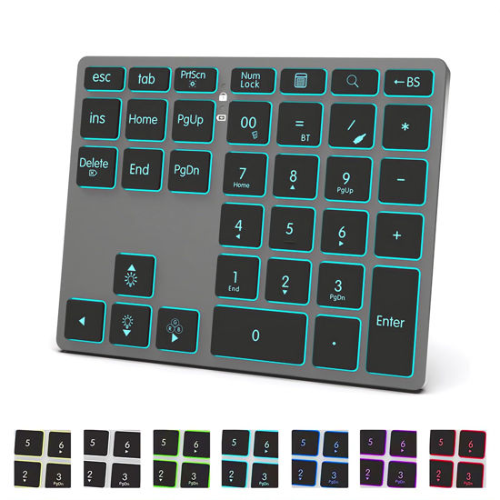 Picture of LINKEET Tri-Mode Aluminum Numpad 7-Color LED Backlit, BT5.0/USB/2.4G Wireless Rechargeable Number Pad 35-Key Scissor Switches Light Up Keycaps for PC/Laptop/MacBook/Win/Mac, Grey Black