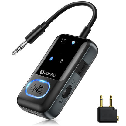 Picture of Bluetooth 5.3 Transmitter Adapter for Airplane 2-in-1 Wireless Bluetooth Audio Transmitter Receiver for 3.5mm Aux Jacks on Flight/TV/Gym Equipment, for up to 2 Wireless Headphones, Cell Phones
