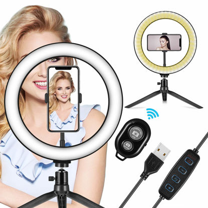 Picture of LED Ring Light 10" with Tripod Stand & Phone Holder - Dimmable Desk Makeup Ring Light for YouTube Video Live Stream Makeup Photography, USB Powered with 3 Light Modes & 10 Brightnes