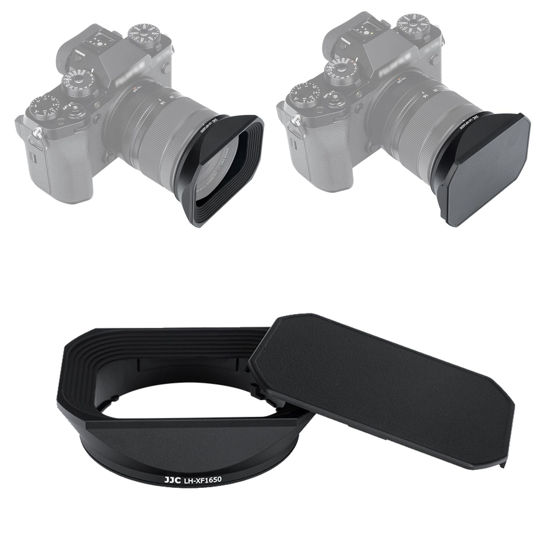 Picture of JJC Metal Square Lens Hood Shade for Fuji Fujifilm XF 16-50mm f/2.8-4.8 R LM WR Lens on Fujifilm X-T5 X-T50 XT5 XT50 Camera, XF 16-50mm Lens Hood, with Protective Hood Cap